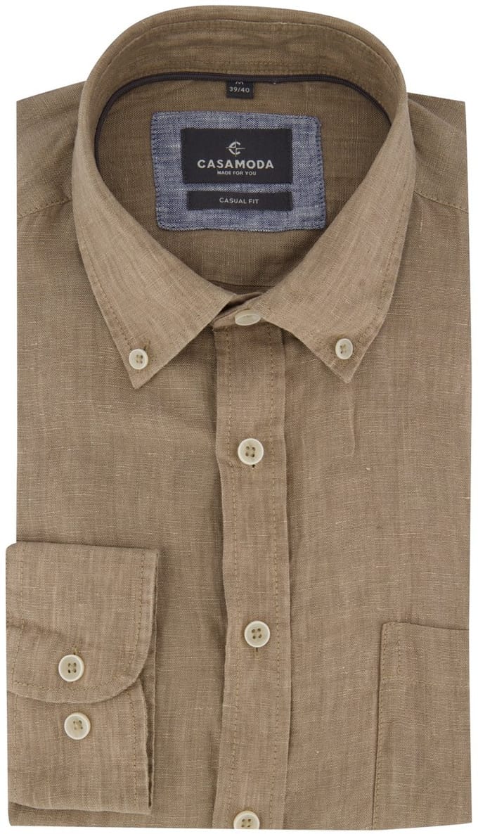 100% linnen overhemd casual fit Casa Moda bruin lange mouw witte knoop