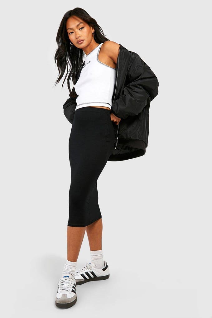 Dames Boohoo Basics Effen Zwarte Hoge Taille Midi Rok | Black | Maat: 6