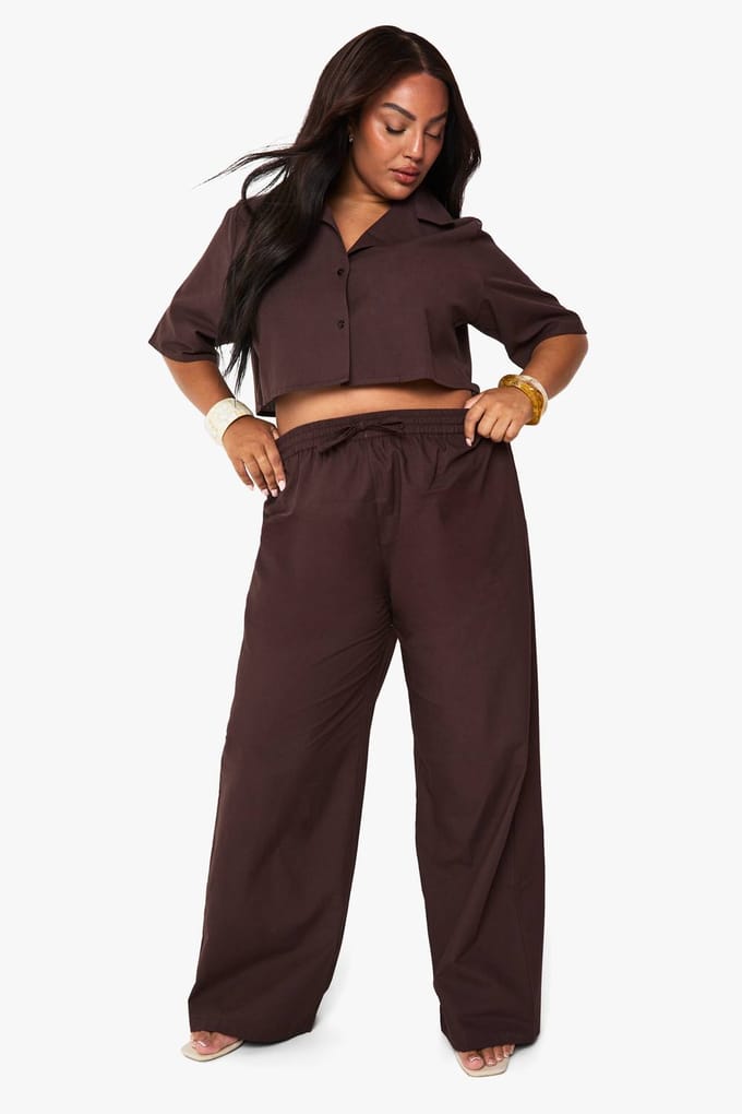 boohoo Dames Plus Linnen Langslank Crop Shirt & Broek Co-ord | Black Chocolate | Maat: 52