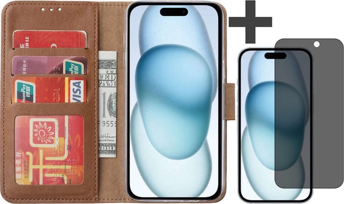 Hoesje met Privacy Screenprotector Geschikt voor iPhone 15 Plus – Arara bookcase met pasjeshouder - Bruin