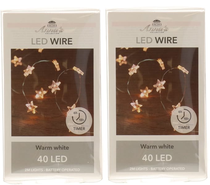 Anna's Collection Draadverlichting lichtsnoer - 2x - 40 sterren - lampjes - led - warm wit - 200 cm - lichtdraad