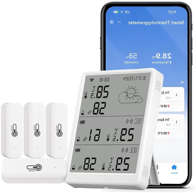 SnelShoppen - WLAN Thermometer Hygrometer Binnen - Slimme Temperatuur en Vochtigheid Monitor met App Meldingen, 4 Sensors en Basisstation, Compatibel