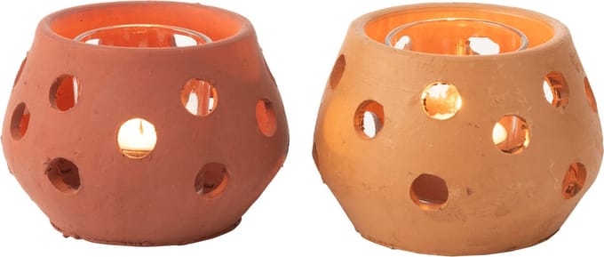 J-Line theelichthouder Gaia Rond - keramiek/glas - rood/bruin - 2 stuks