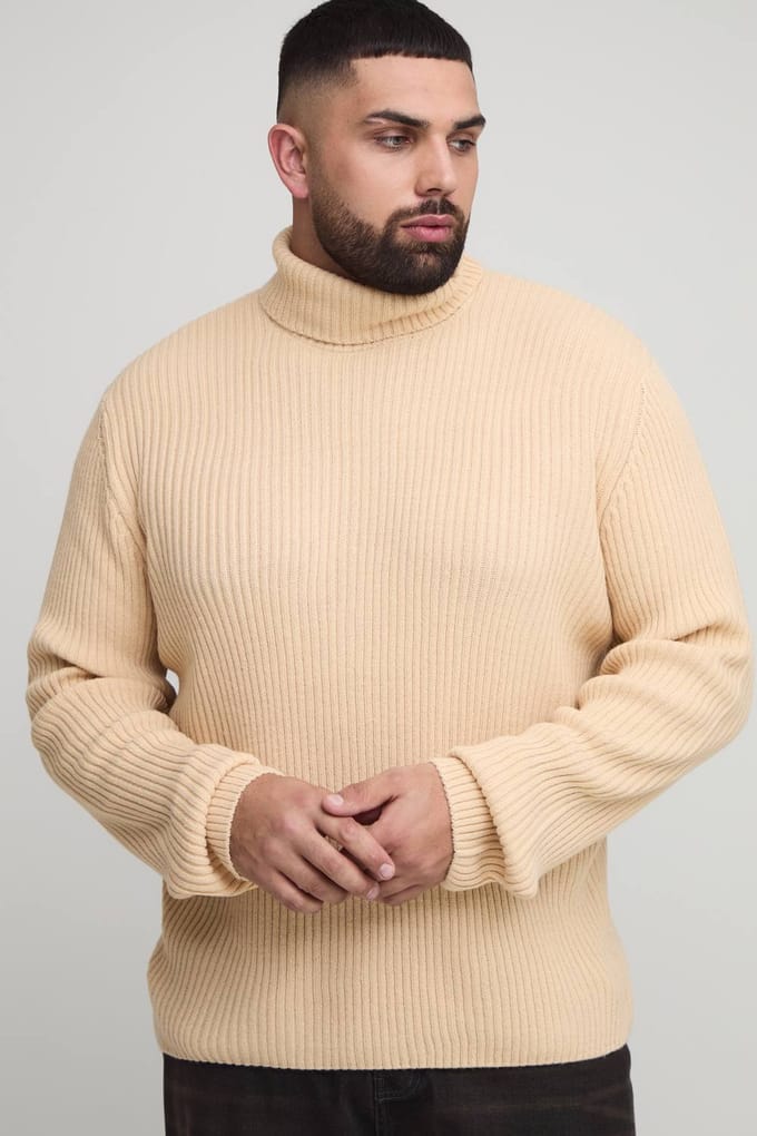 Plus Essential Regular Fit Ribbed Roll Neck Jumper | Sand | Size 4XL