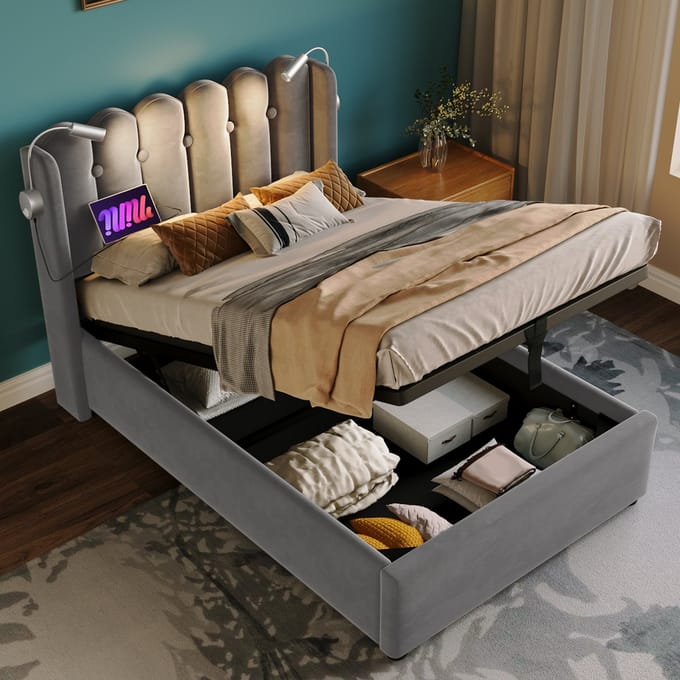 MODFU Bedframe 90x200 cm – Grijs fluweel met leeslamp & 2 USB – Hydraulisch
