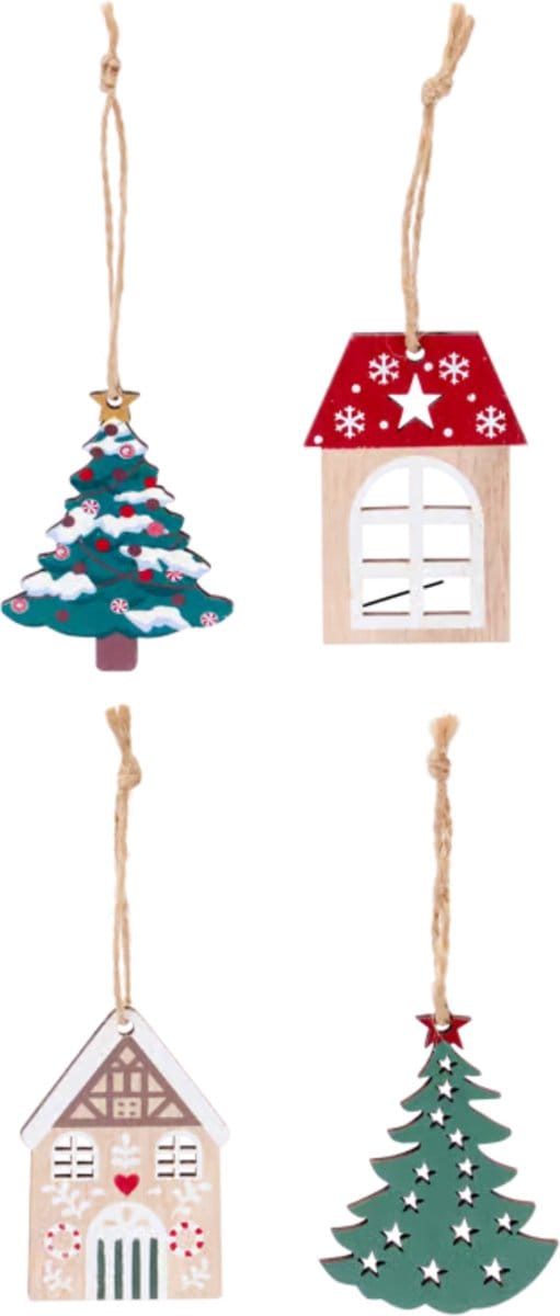 Gadgetpoint - Boomversiering - Versiering - Hangers - Kerstmis - Christmas - Xmas - Set van 4 - Boom & Huis