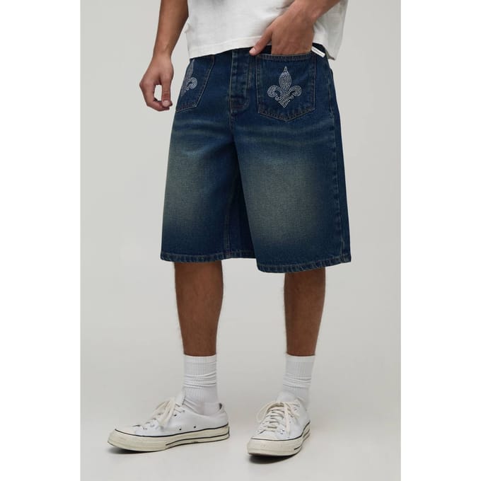 Fleur De Lis Rhinestone Denim Jorts | Antique Blue | Size 60