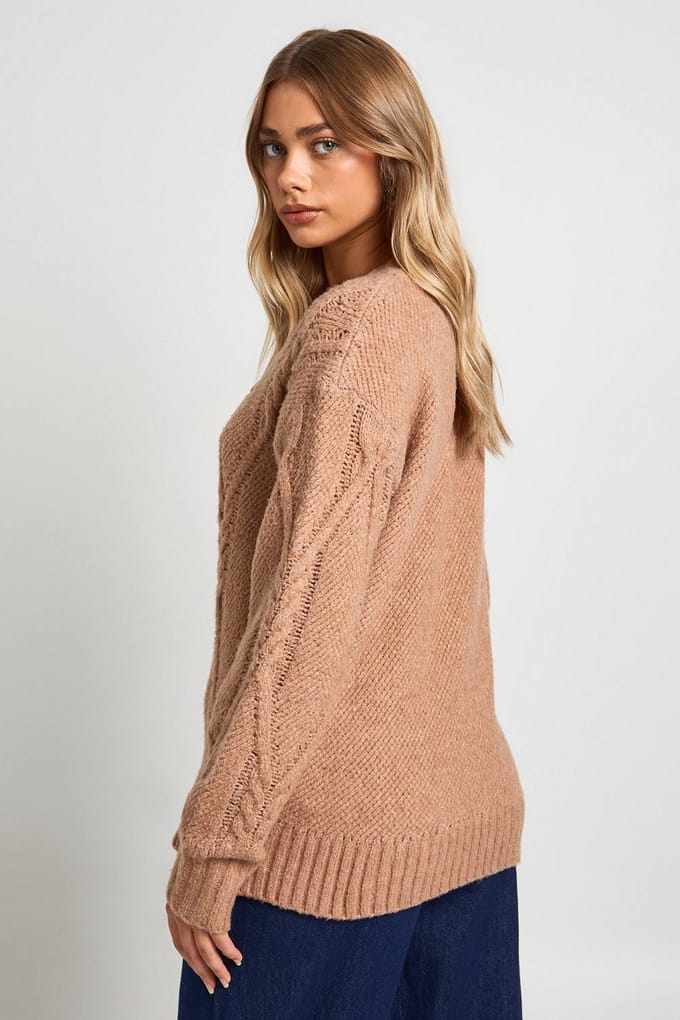 boohoo Dames Superzachte kabelgebreide trui | Taupe | Maat: Medium