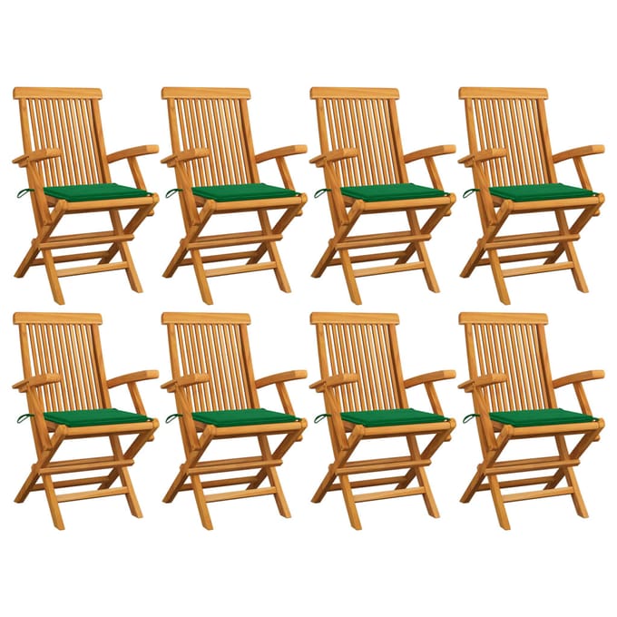 vidaXL - Opklapbare - stoelen - met - groene - kussens, - 8 - stuks, - massief - teakhout
