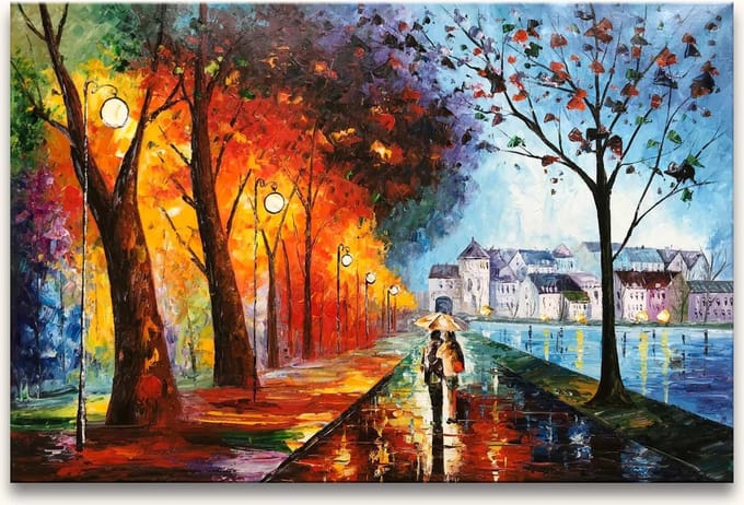 Handgeschilderd schilderij Olieverf op Canvas - Leonid Afremov - Stad aan het Meer