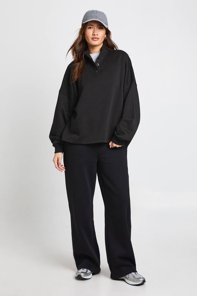 boohoo Dames Funnel Neck Henley Sweatshirt | Zwart | Maat: Medium