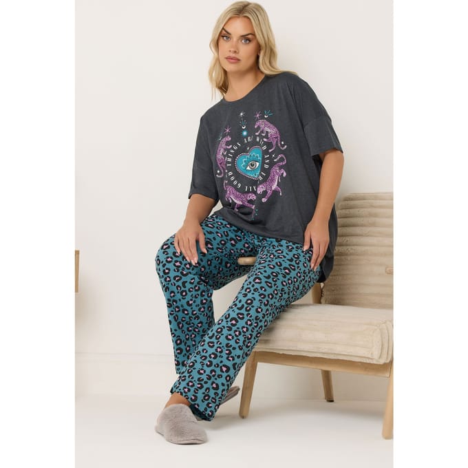 Yours Charcoal Grey Wild And Free Leopard Wide Leg Pyjama Set Size 50-52