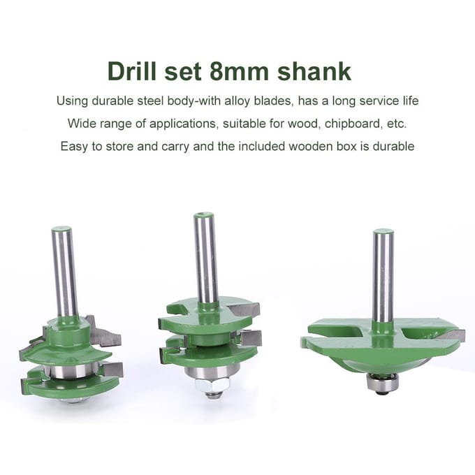 3 Stuks 8mm Schacht Freesboor Set T Vorm Hout Freesbeitel Verstelbare Kast Bit Kit(3 Stuks Deur