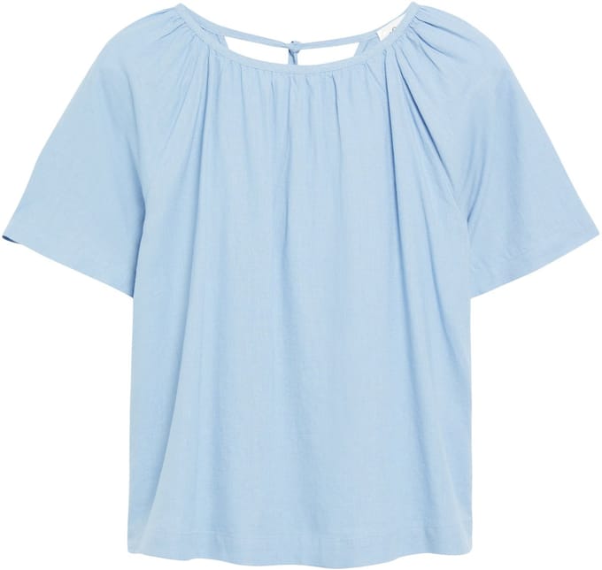 Vrouwelijke Blouse met Korte Mouwen van Gemengd Linnen met Rimpeling en Versierd met een Strik s.Oliver