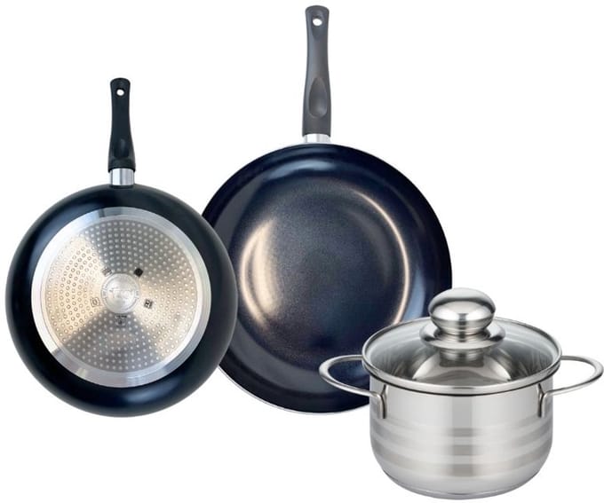 Set van 2 Koekenpannen 20 en 24 cm en 1 braadpan 16 cm Elo Prima Glanzend