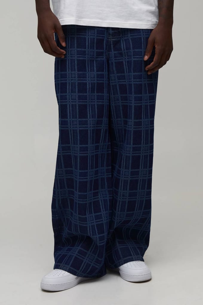 Baggy Check Printed Jeans | Indigo | Size 44