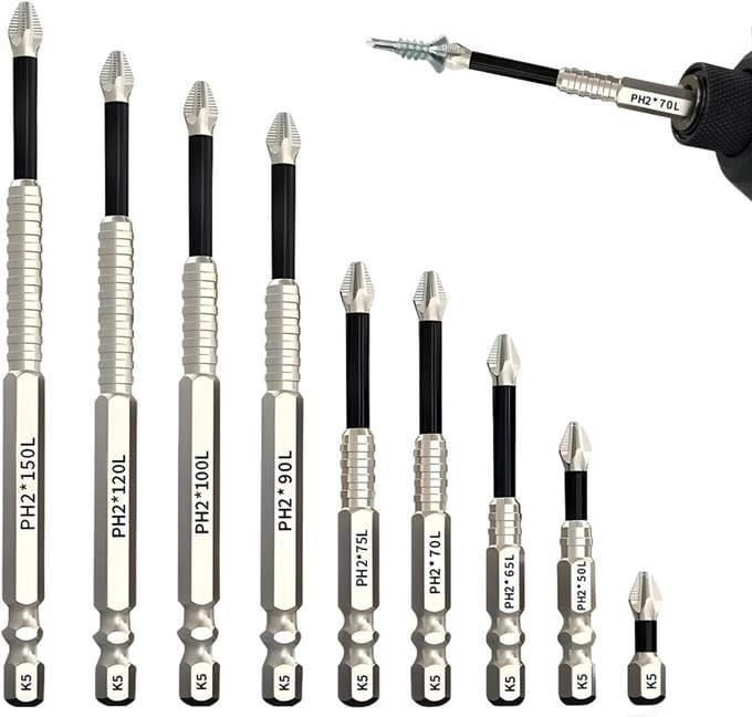 SEN Magnetische bits, 9-delig (25, 50, 65, 70, 75, 90, 100, 120, 150 mm) bitset, magnetische bitset met magneten, bitset voor accuschroevendraaier, slagschroevendraaier