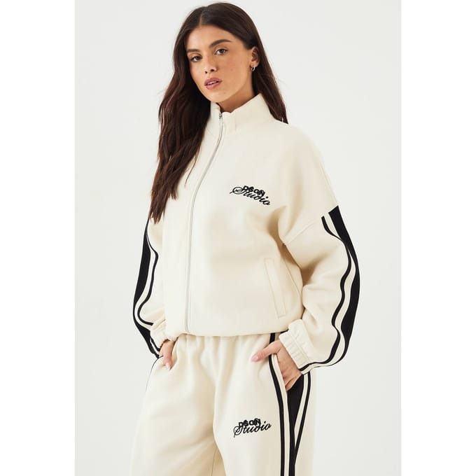 Dames DSGN Studio Oversized Bomber Sweatshirt met Zijstreep en Col | Cream | Maat: XL