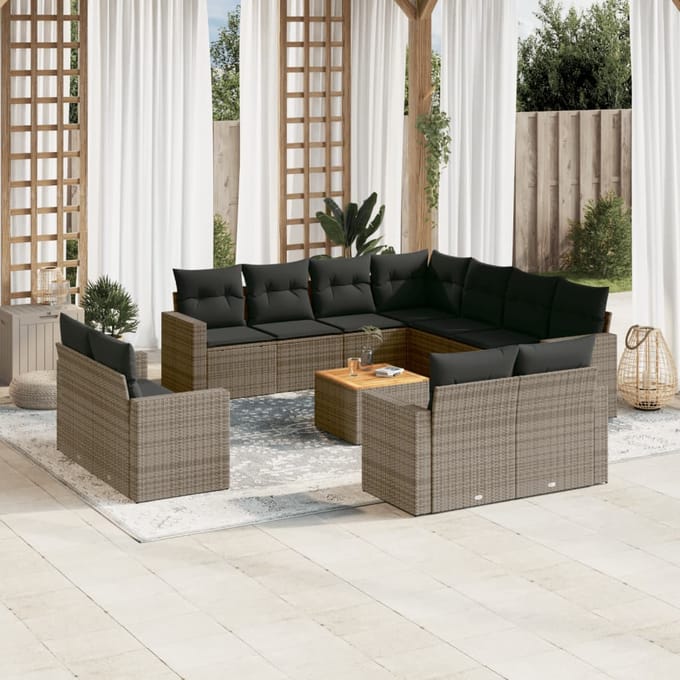 vidaXL - 12-delige - Loungeset - met - kussens - poly - rattan - grijs