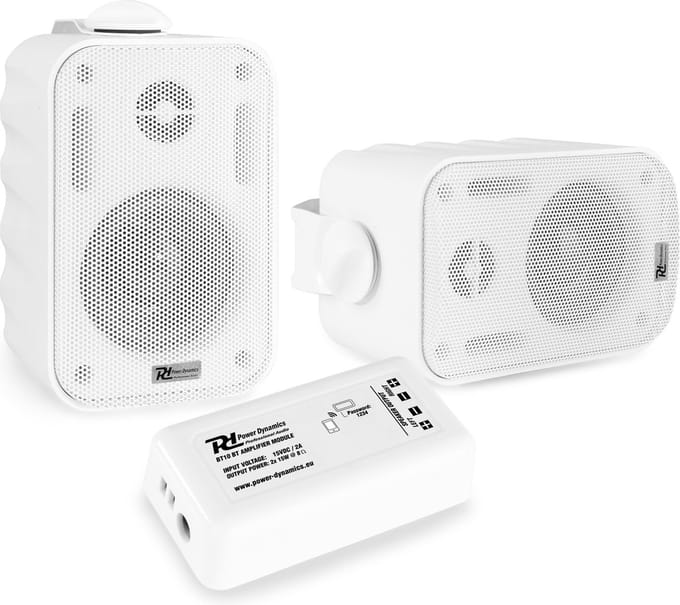 Buiten speakers - Power Dynamics BT10 versterker met Bluetooth en 3'' witte speakers