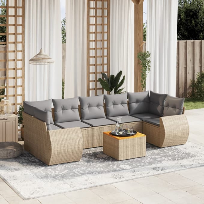vidaXL - 8-delige - Loungeset - met - kussens - poly - rattan - beige