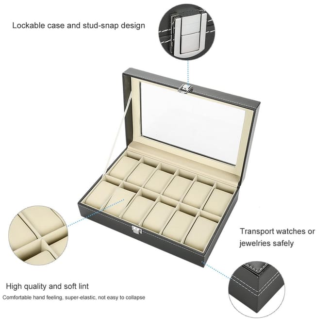 12 Vakken PU Leer Horloge Display Case Opbergdoos Organizer Horloge Sieraden Display Doos gray