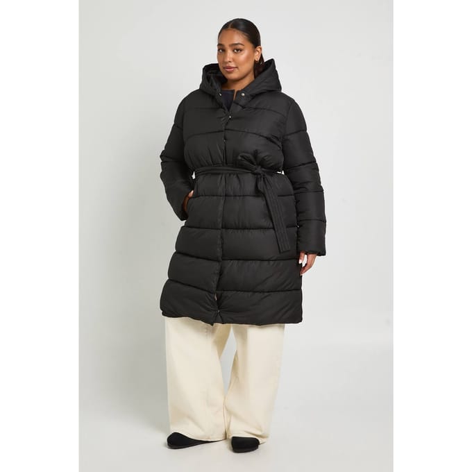 boohoo Dames Plus lange pufferjas met riem | Zwart | Maat: 46