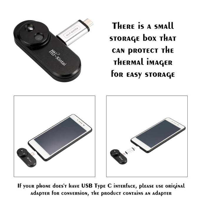 Multifunctionele mobiele telefoon Externe infrarood warmtebeeldcamera Middelpunttemperatuurweergave voor zwart