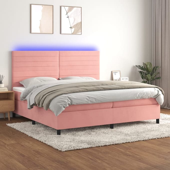 vidaXL - Boxspring - met - matras - en - LED - fluweel - roze - 200x200 - cm