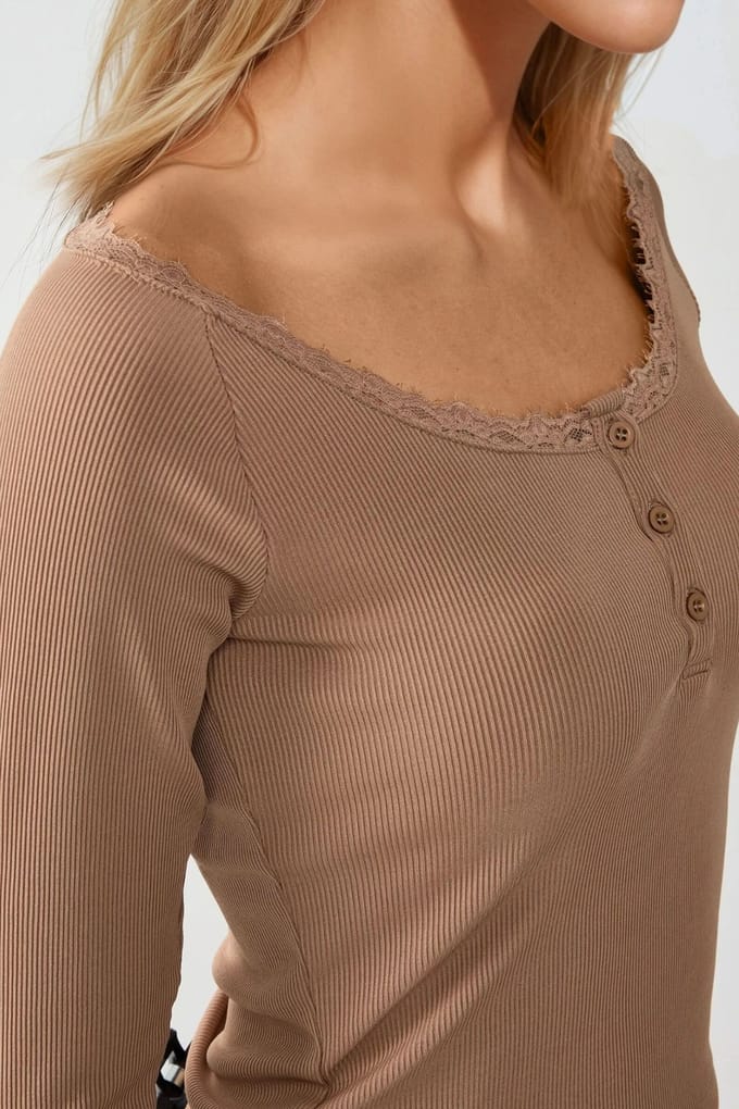 Slim Fit Kanten Details Lange Mouwen Top