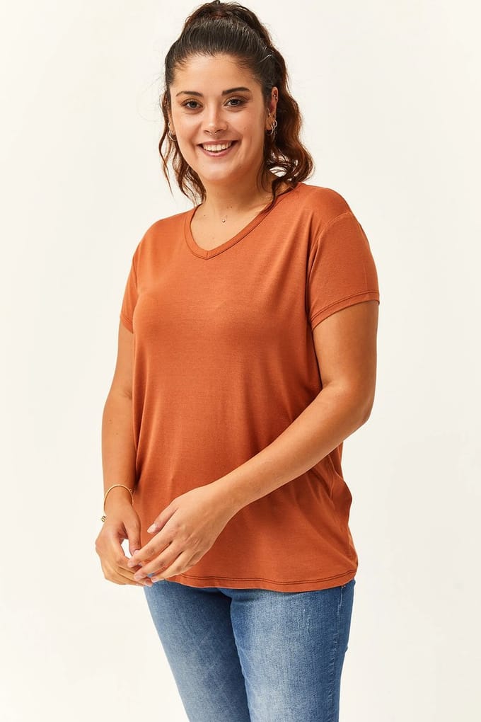 Dames XL V-Hals Basic Kortemouw T-Shirt, Kastanjerood