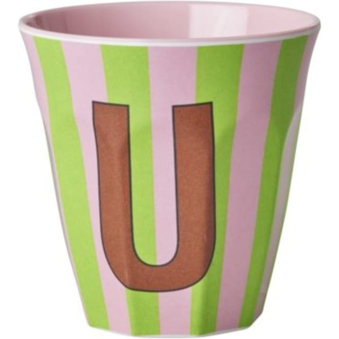 Rice melamine beker medium gestreept letter u, oranje
