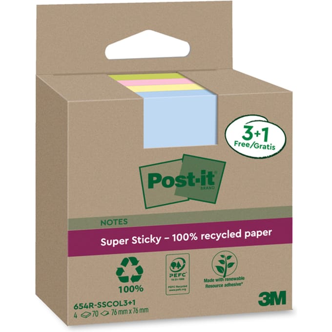 Memoblok 3M Post-it 654 RSSCOL 76x76mm assorti kleur 3+1 gratis