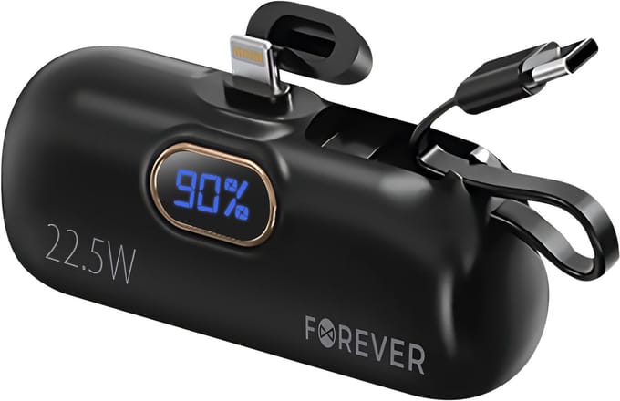 Forever, Externe 5000mAh batterij Lightning-connector + geïntegreerde USB C-kabel, Zwart