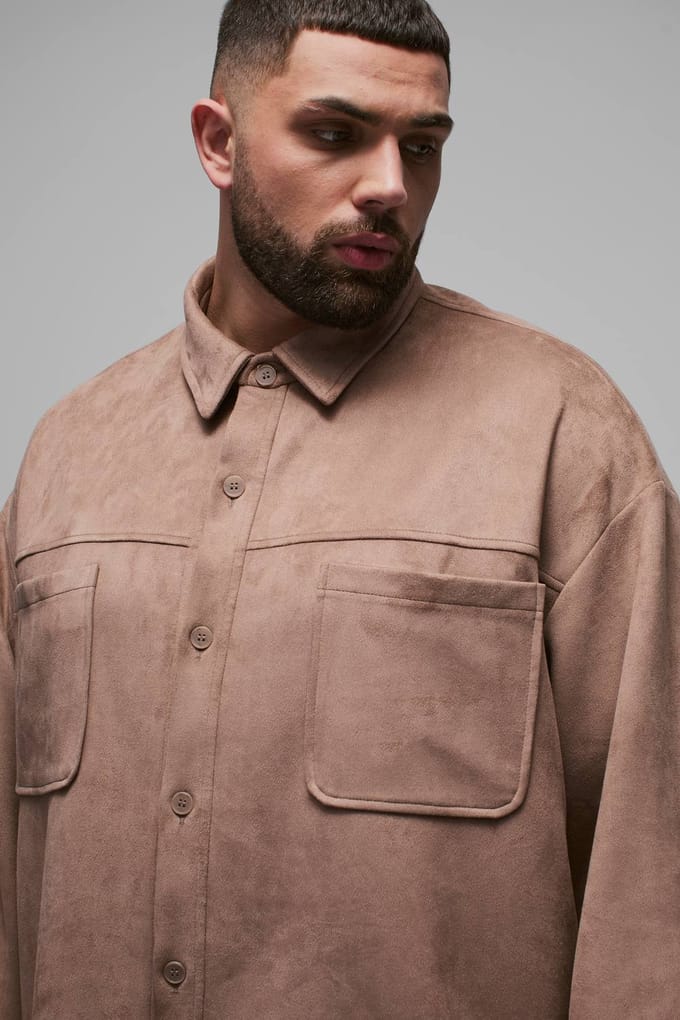 Plus Faux Suede Oversized Shirt | Taupe | Size 2XL