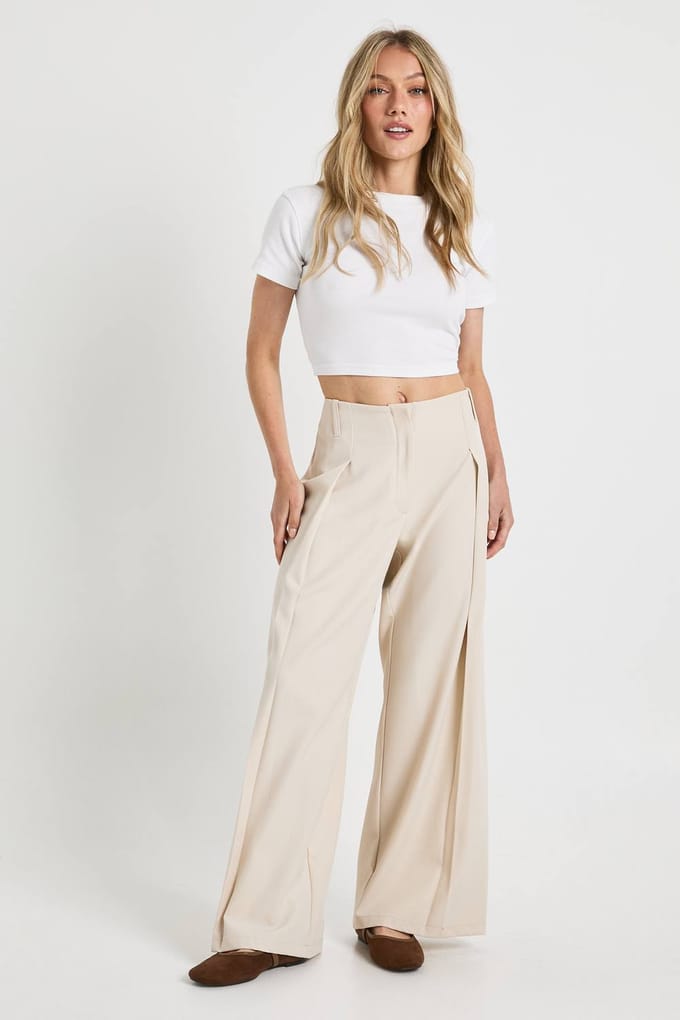 boohoo Dames Petite geweven geplooide wijde broek | Stone | Maat: 14