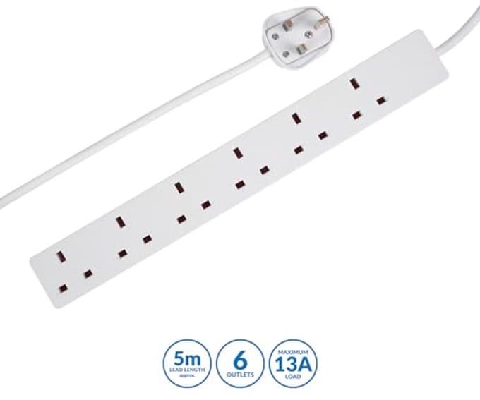 Uitbreidingstekker met 6 uitgangen en 5 meter snoer - Wit