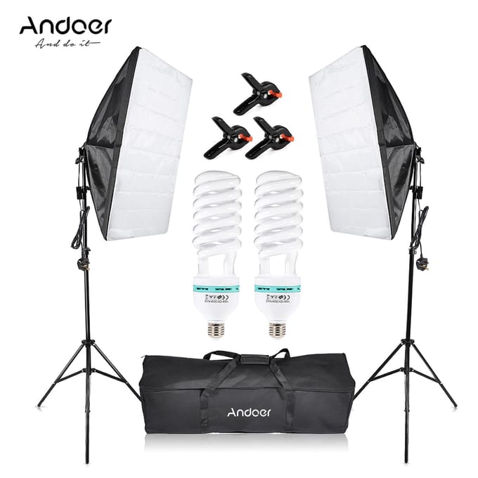 Andoer Photography Studio Softbox Kit D’éclairage 2pcs 135W Ampoules 2pcs Support D’éclairage 2pcs Simple UK Plug white