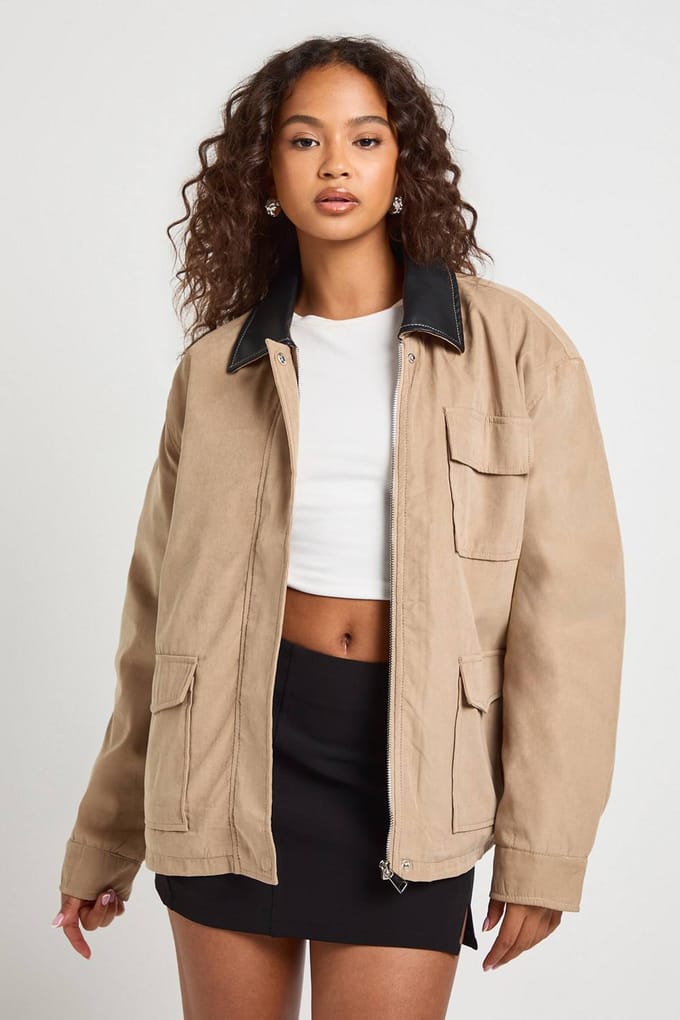 boohoo Dames Contrasterende kraag Oversized Schuurjas | Toffee | Maat: 10