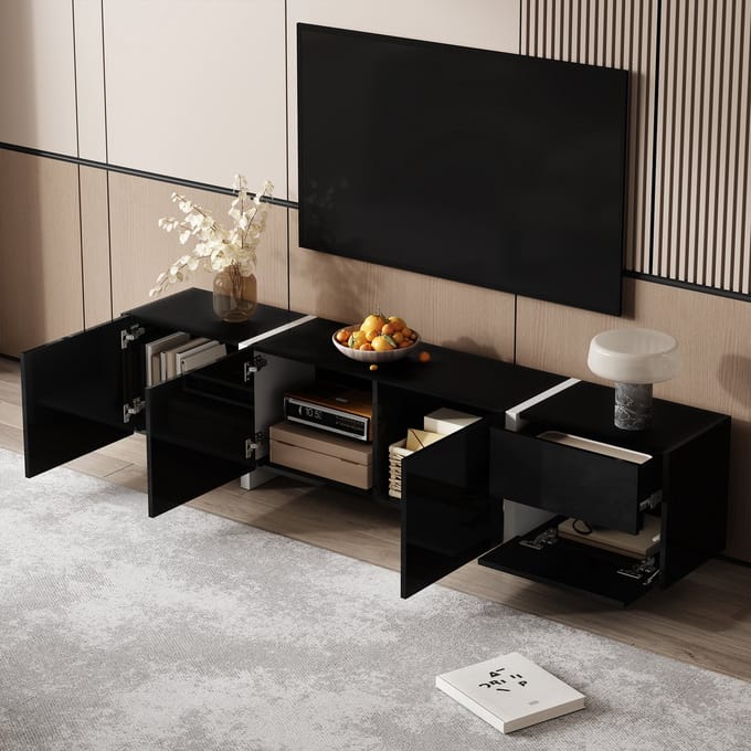 REDOM - TV-meubel - spaanplaat - hoogglans afwerking - 170 x 30 x 39 cm Black,White