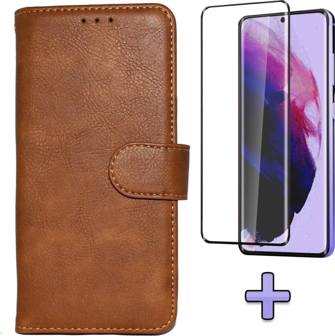 HB Hoesje Geschikt voor Samsung Galaxy S21 Plus - Bruin + Volledige Display Screenprotector - Luxe Kunstlederen Portemonnee Book Case