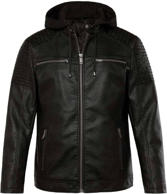 Men Plus - Heren - Bikerjas leerlook jersey capuchon - Zwart - Maat L