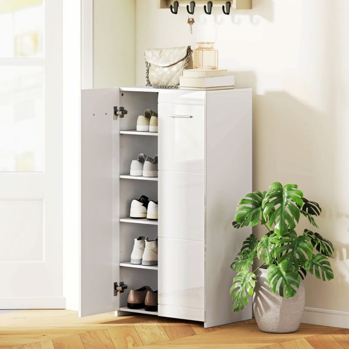 MODFU Schoenenkast - Verstelbare Planken - Minimalistisch - Voor Hal - Hout - Glanswit - 55 X 36 X 108 Cm