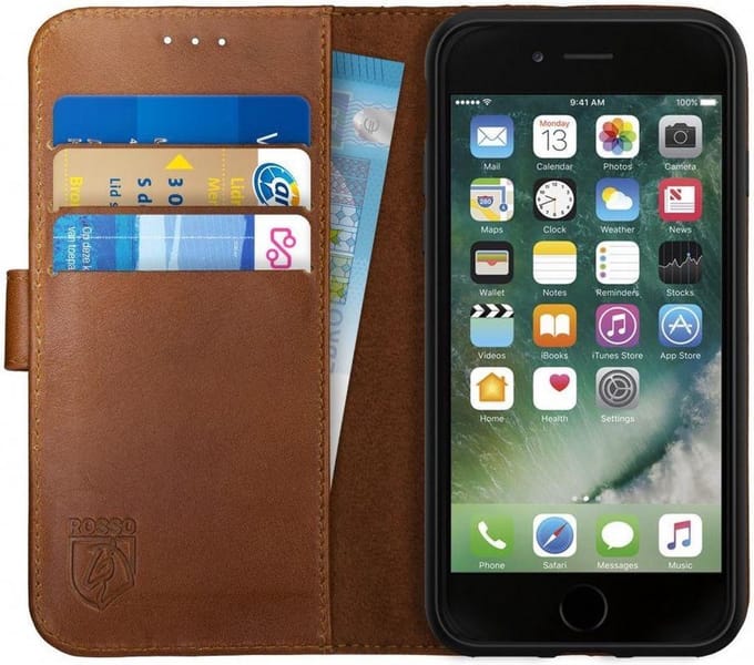 Rosso Deluxe iPhone SE (2020 / 2022) / 8 / 7 Hoesje Echt Leer Book Case met Pasjeshouder Bruin
