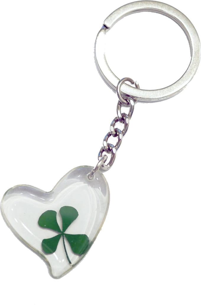 Sleutelhanger hartje met echte Klavertje 4 Good Luck