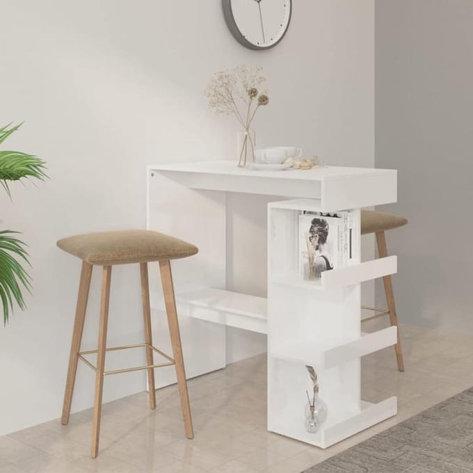 Bartafel met rek - Keukenbar tafel - Compact wonen - Drie opbergvakken - 100 x 50 cm - Hoogglans wit