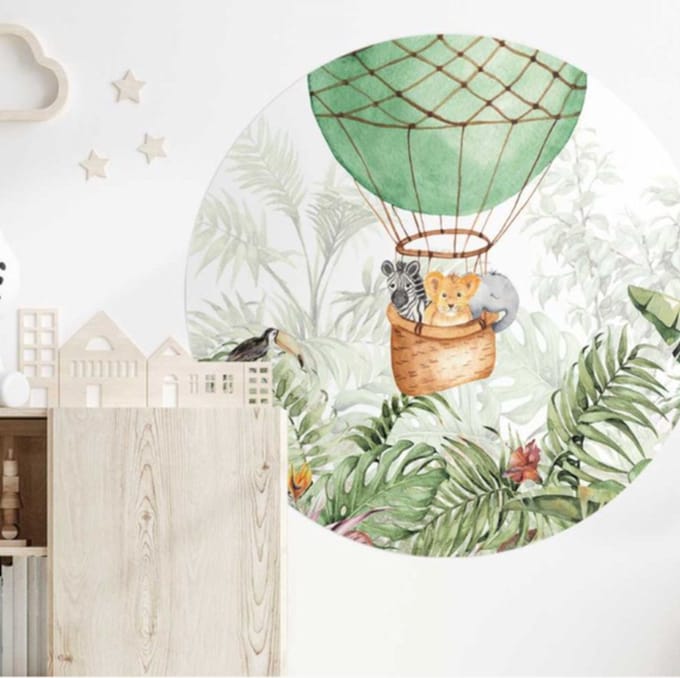 Behangcirkel 100cm Studio Wallz - Baby diertjes in luchtballon