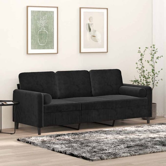 vidaXL - Driezitsbank - met - sierkussens - 180 - cm - fluweel - zwart