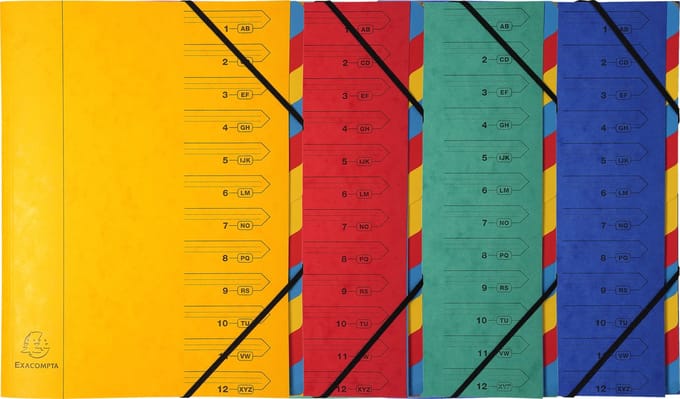 Exacompta 8x Sorteermap met vaste rug en elastosluiting - 12 indelingen - Geassorteerd - 54120E