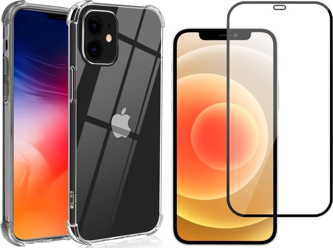 Hoesje geschikt voor iPhone 12 Mini - Transparant Siliconen Shockproof Case + Screen Protector Glas Full